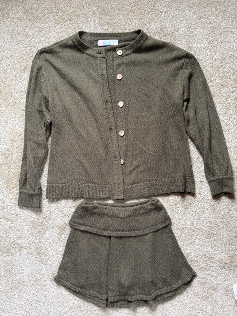FP Free People Beach Oversized Olive Green Knit Button Cardigan and Skort Set